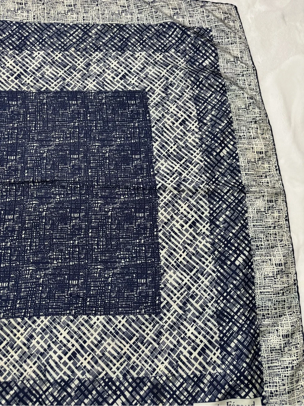 LOUIS FERAUD Vintage Pure Silk Navy and Gray Geometric Square Scarf